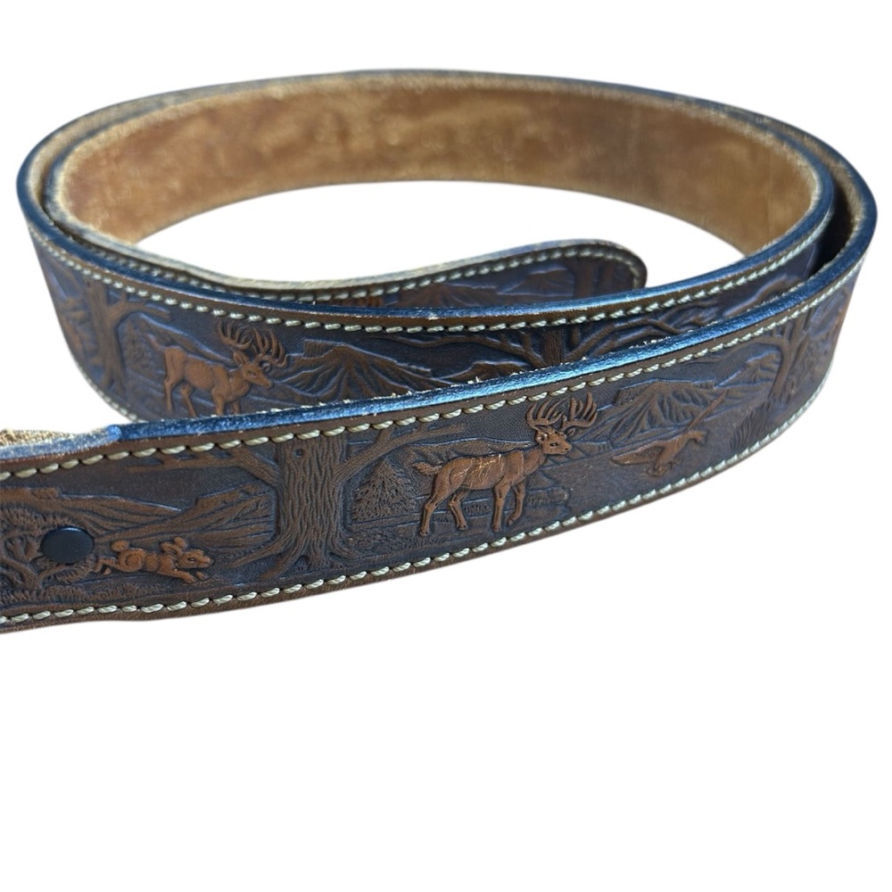 Vintage Deerslayer Hand Tooled Leather Belt Woodland Scene Made in USA - Size 56